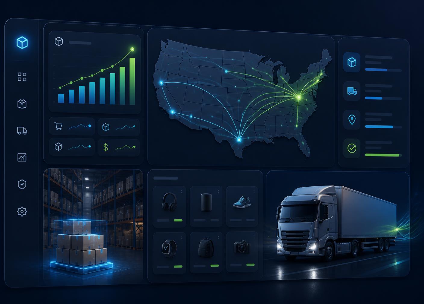 Arif Store warehouse dashboard showing US shipping routes, live order analytics, and same-day fulfillment